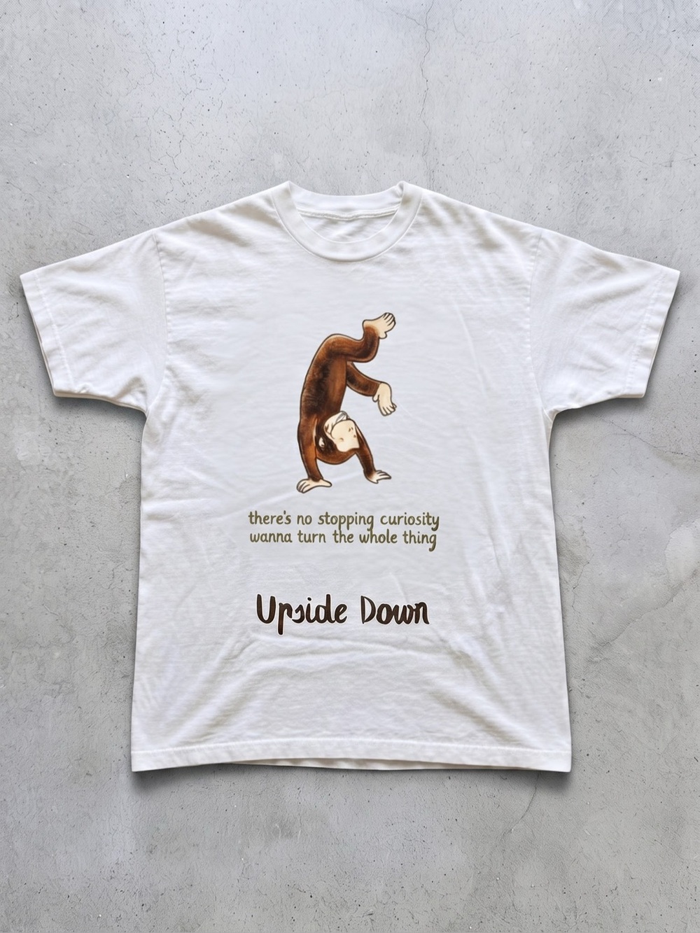"Upside Down" Curious Monkey Graphic White Tee - Gildan Cotton T-Shirt